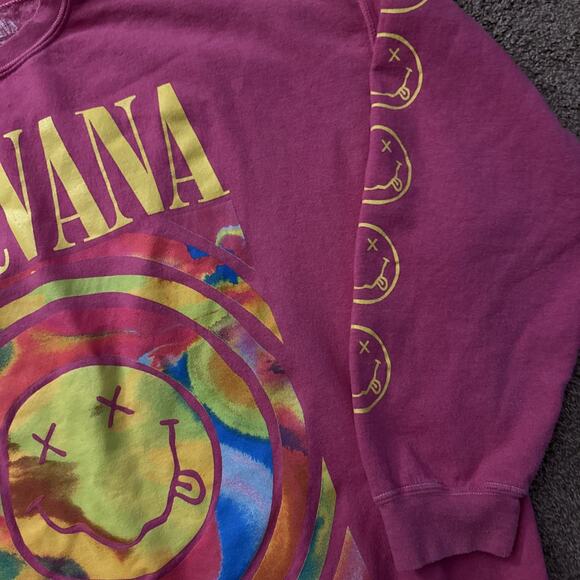 Nirvana Smiley Face Oversized Crewneck Sweatshirt Green Graphic Sleeve S/M - Picture 3 of 6